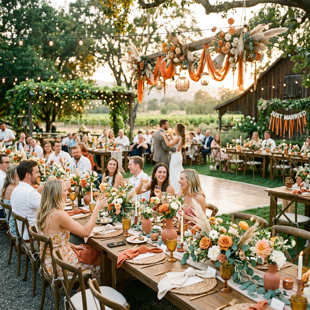 Wedding reception with guests seated at long wooden tables decorated with orange and white flowers and string lights.